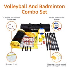 Amazon Basics Portable Outdoor Volleyball and Badminton Combo Set with…