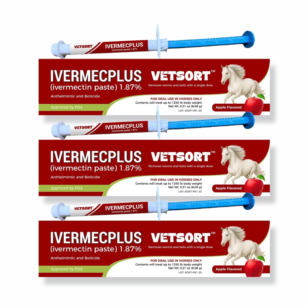 VETSORT Horse Paste Dewormer Apple Flavor Wormer 1.87% EXP 10/2027 (3 pack)