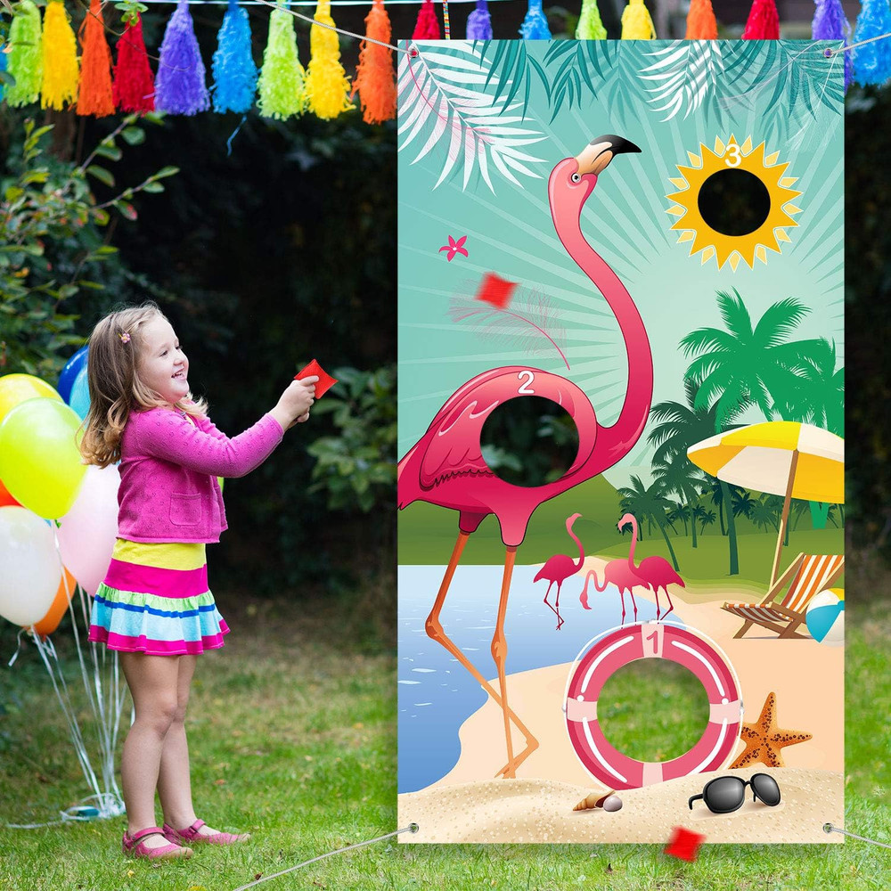 Flamingo Toss Game Banner w 3 Bean Bags Summer Luau Carnival Party Fun Kids Set!