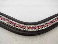 Designer Gorgeous 3 Row Pink Crystal Horse Leather Browband For Bridle.