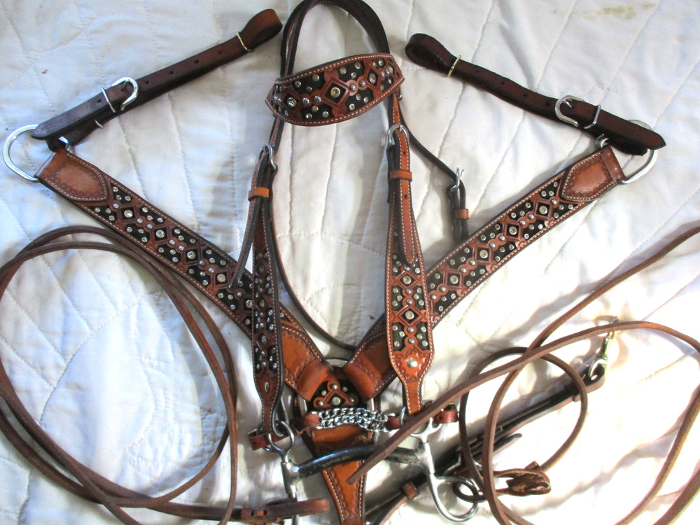 Bar H Equine crystal bling Tack Set Bridle, Breast Collar, bit &split reins