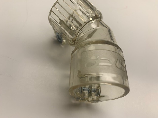 ACI Spyder 45 degree hopper elbow. Clear. Fits 7/8″ feed necks.