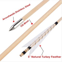 32″ Archery Wooden Arrow Indonesian White Wood 5″ Turkey Feather Shooting Target