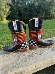 Tin Haul Western Cowboy Boots Black Leather Red Checkered Heel Racing Nascar