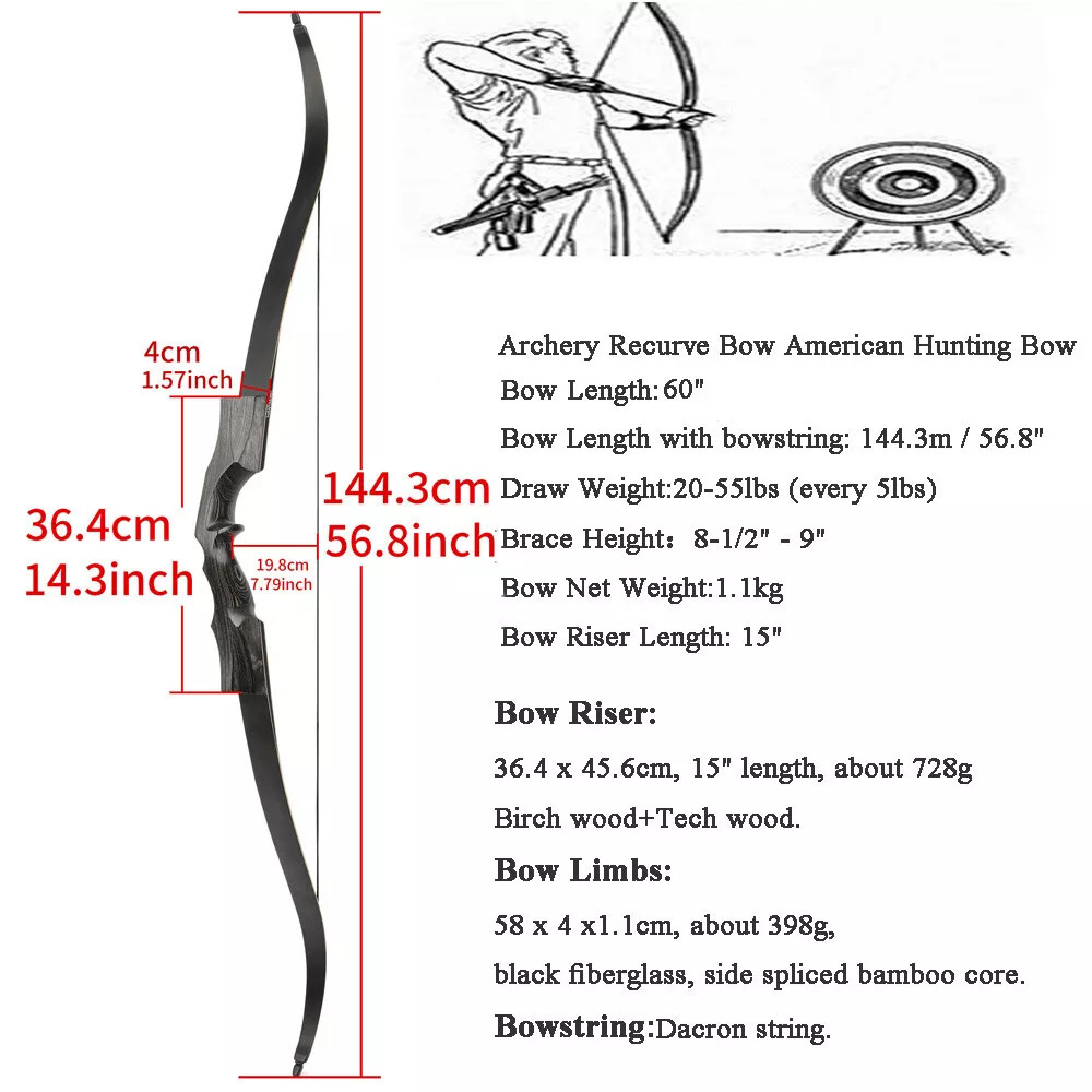 60LBS 60inch Wood Riser Recurve Bow Left-handed Right-handed Hunt Archery Shot