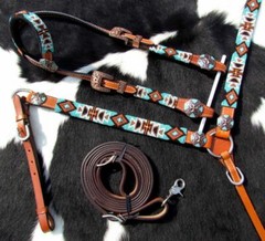 Turquoise and Orange Beaded Aztec One Ear Headstall & Breast Collar & Rein NEW