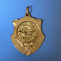 Vtg Gold Tone Archery Archer & Eagle Sagittarius Shield Shaped Medal Charm Italy