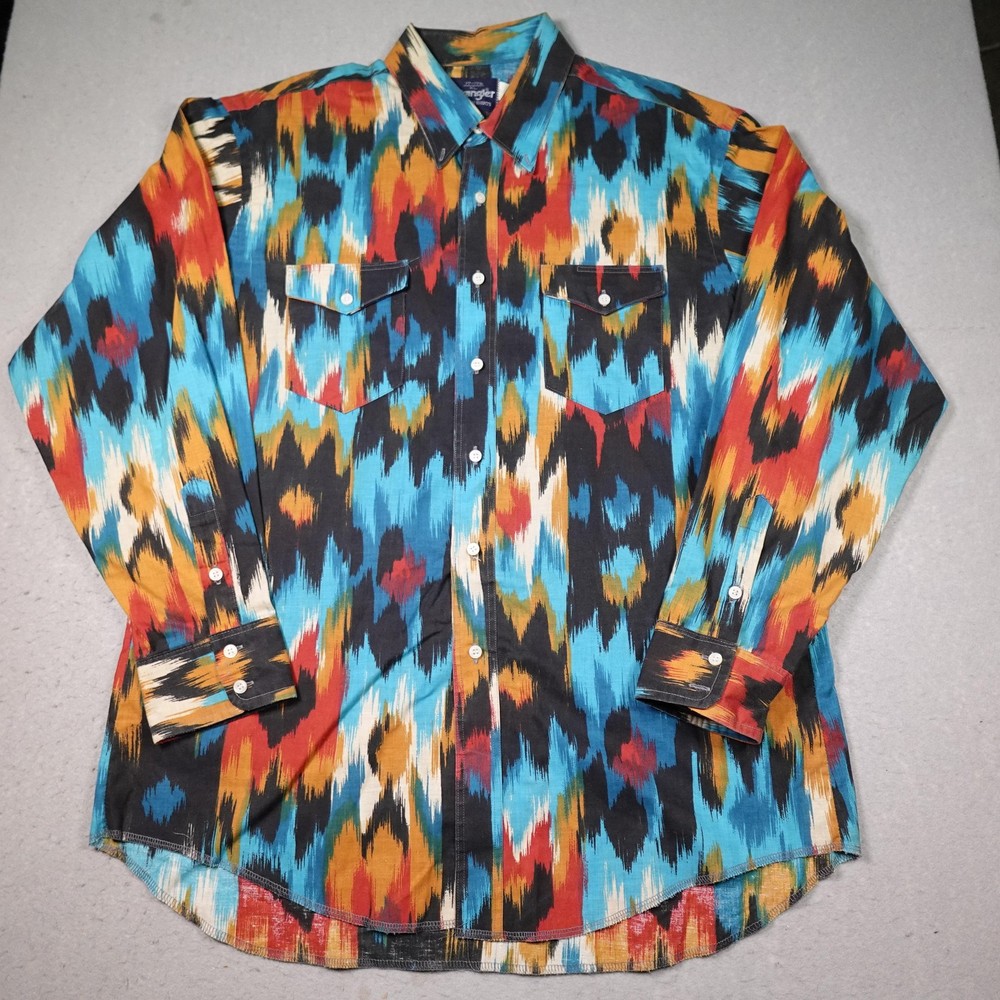 Wrangler Western Shirt XL 17-17 1/2 Multicolor Ikat 100% Cotton Long Sleeve