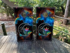 WATERPROOF & FADEPROOF Cornhole Board Wraps / Psychedelic Moon and Cannabis