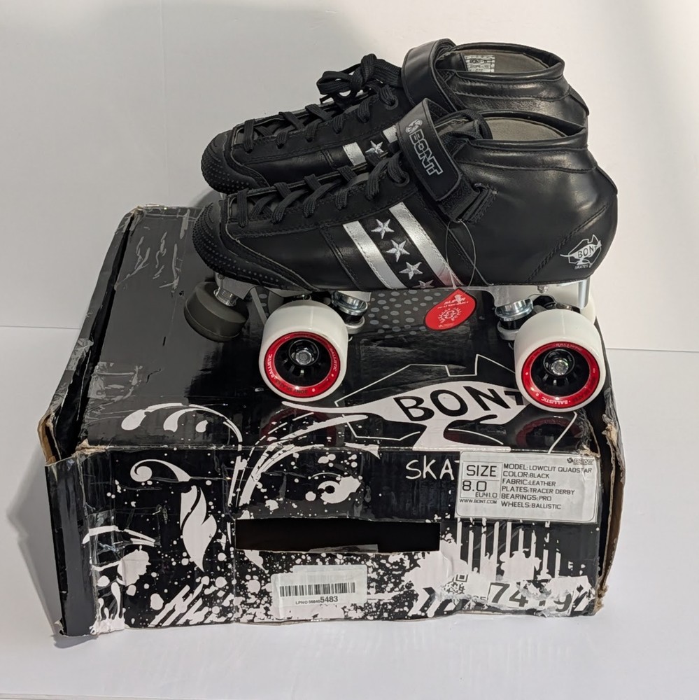 Bont Quadstar Roller Skates Derby Black Leather White Ballistic Wheels Size 8