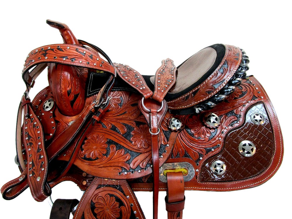 GAITED WESTERN SADDLE 17 16 15 PLEASURE SHOW HORSE TRAIL TOOLED LEATHER TACK SET