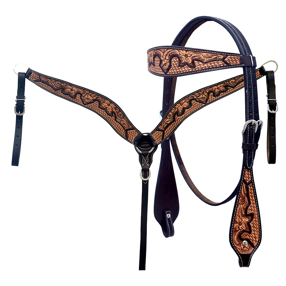 Western Headstall and Breast Collar Set HILASON Tooled Leather Horse Bridle Tack