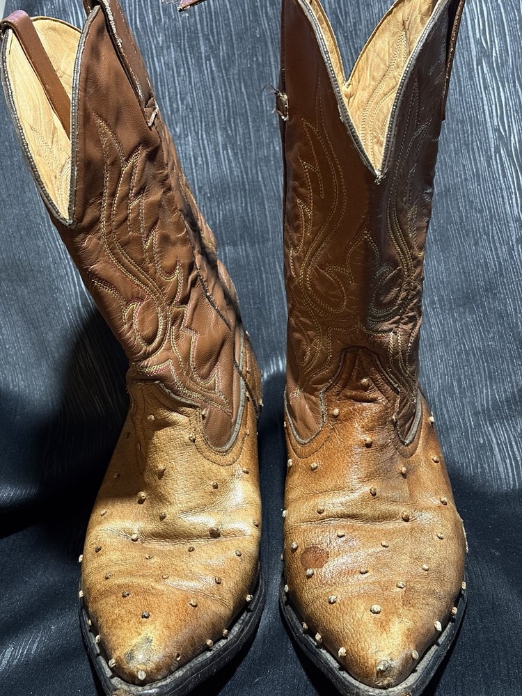 vintage ostrich cowboy boots with a brown leather shaft and quill-textured vamps