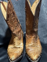 vintage ostrich cowboy boots with a brown leather shaft and quill-textured vamps