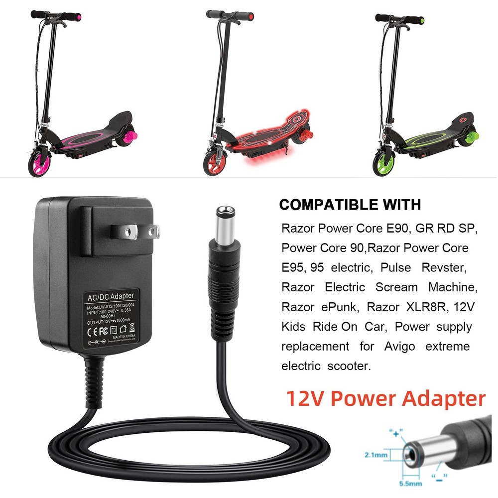 12V Power Adapter for Razor Power Core 90 E90 E95 95 Charger ePunk XLR8R Scooter