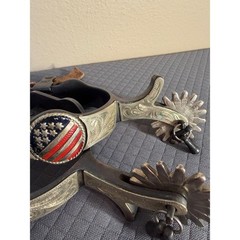 Western Patriotic American Flag Spurs with Jingle Bobs and Leather Straps