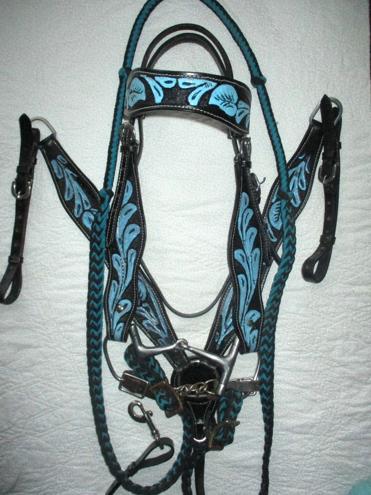 Black Leather w Blue Floral Horse Tack Set Bridle, Bit, Breast Collar, reins