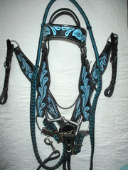 Black Leather w Blue Floral Horse Tack Set Bridle, Bit, Breast Collar, reins