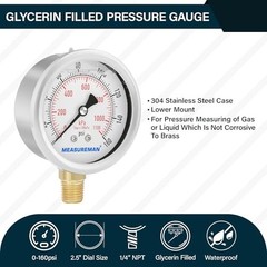 2-1/2inch Dial Size, Oil Filled Pressure Gauge, 0 0-160 psi Lower Mount