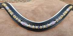 Horse 16″ U-shaped Beaded Dressage Black w/White Padding Leather Brow Band-Pink