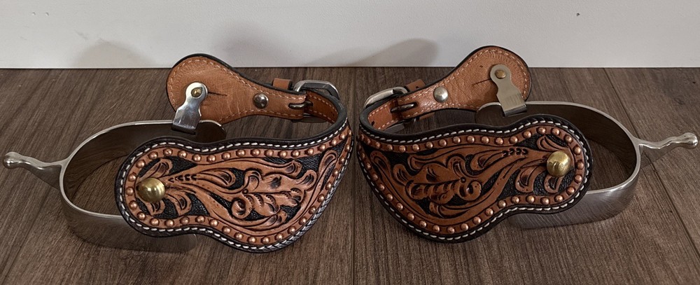 Short Shank Ball End Western Spurs w Copper Spotted Tooled Leather Straps