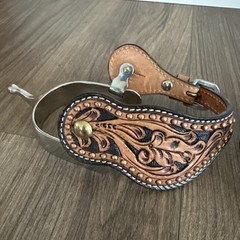 Short Shank Ball End Western Spurs w Copper Spotted Tooled Leather Straps