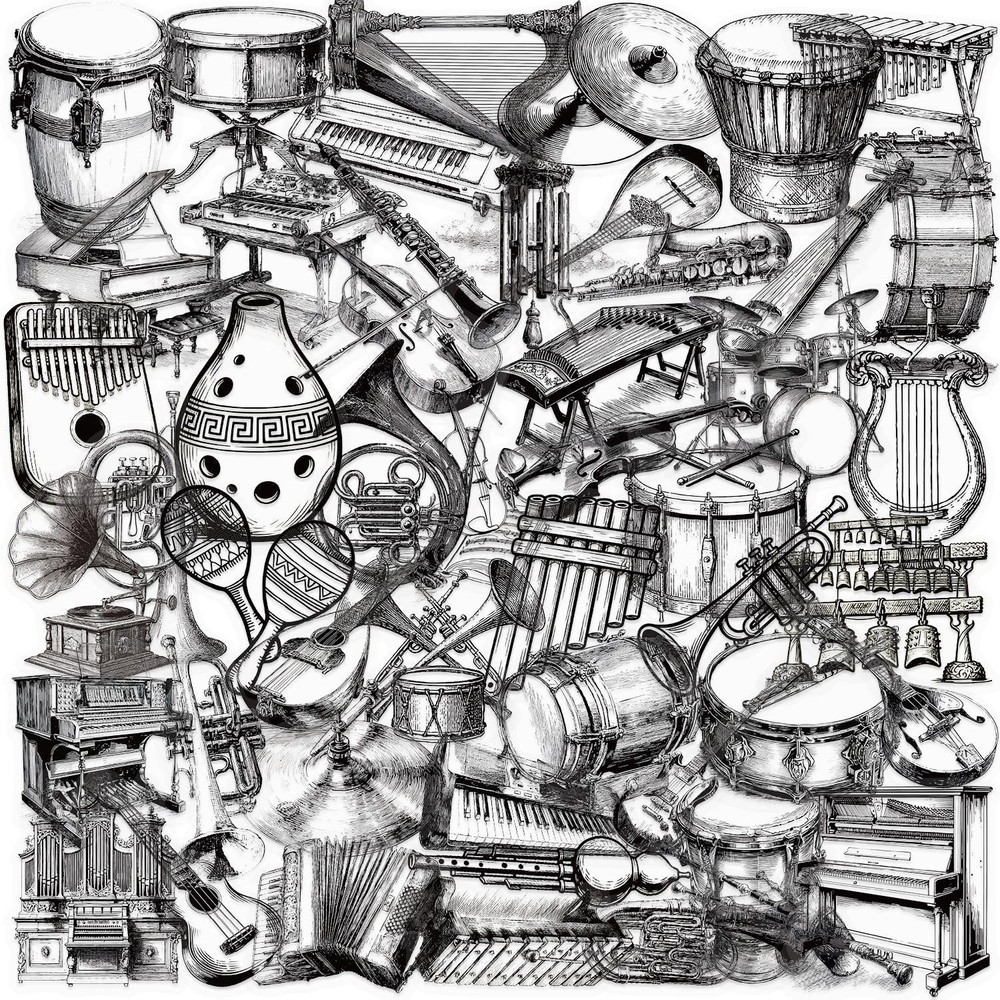 Black and White Musical Instruments Stickers,50PCS Retro Sketch Music Decals,…