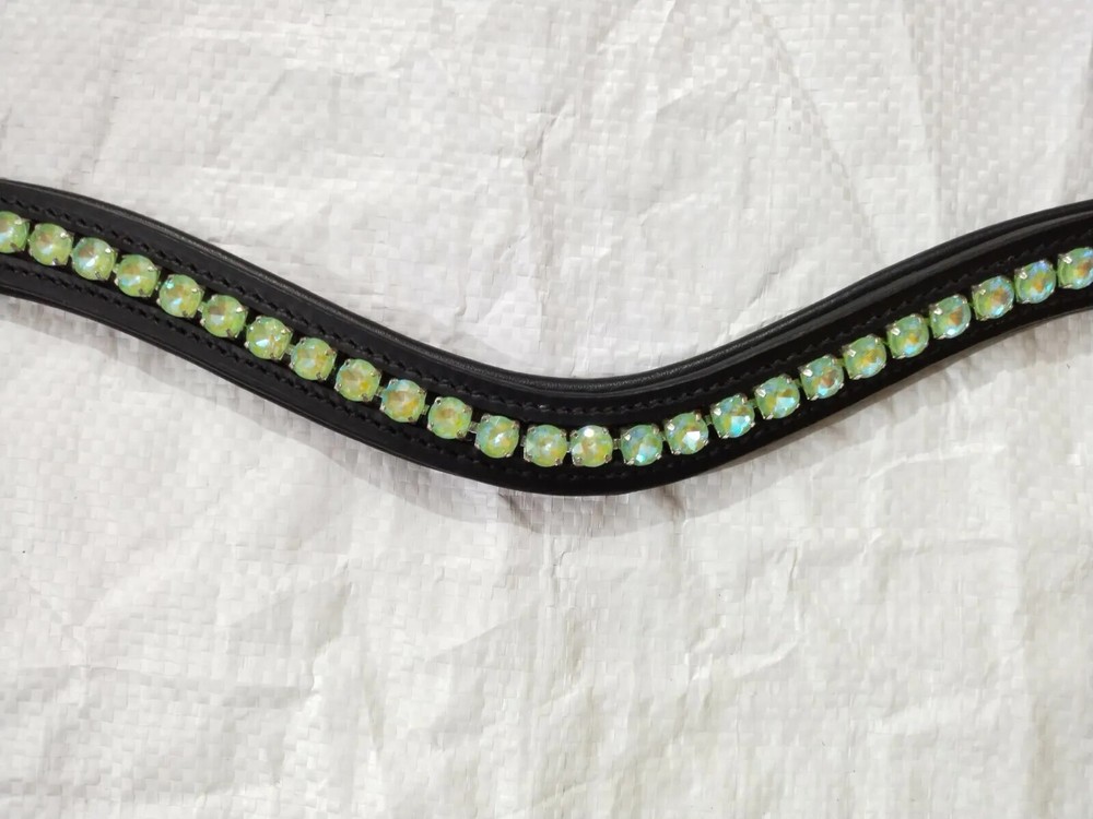 Beautiful Leather Green Stone Crystal Bridle Browband With Padding All Size