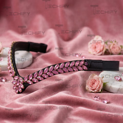 Black Leather Horse Browband Pink Crystal V Shape English Bridle Headstall