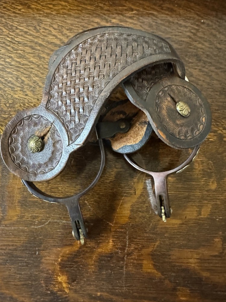 Western Riding Spur Rowel Spurs w/ Tooled Leather Straps, Chap Guards, Conchos