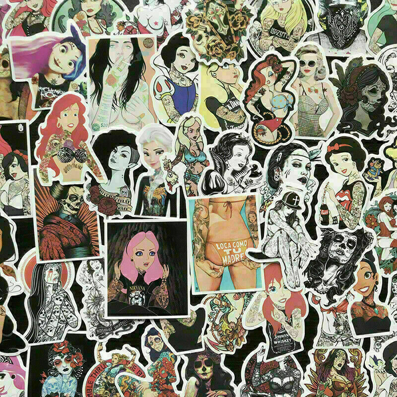 50pc Sexy Tattoo Girls, Punk Goth Sticker Pack, Vinyl Decal Bomb Lot, PVC, JDM