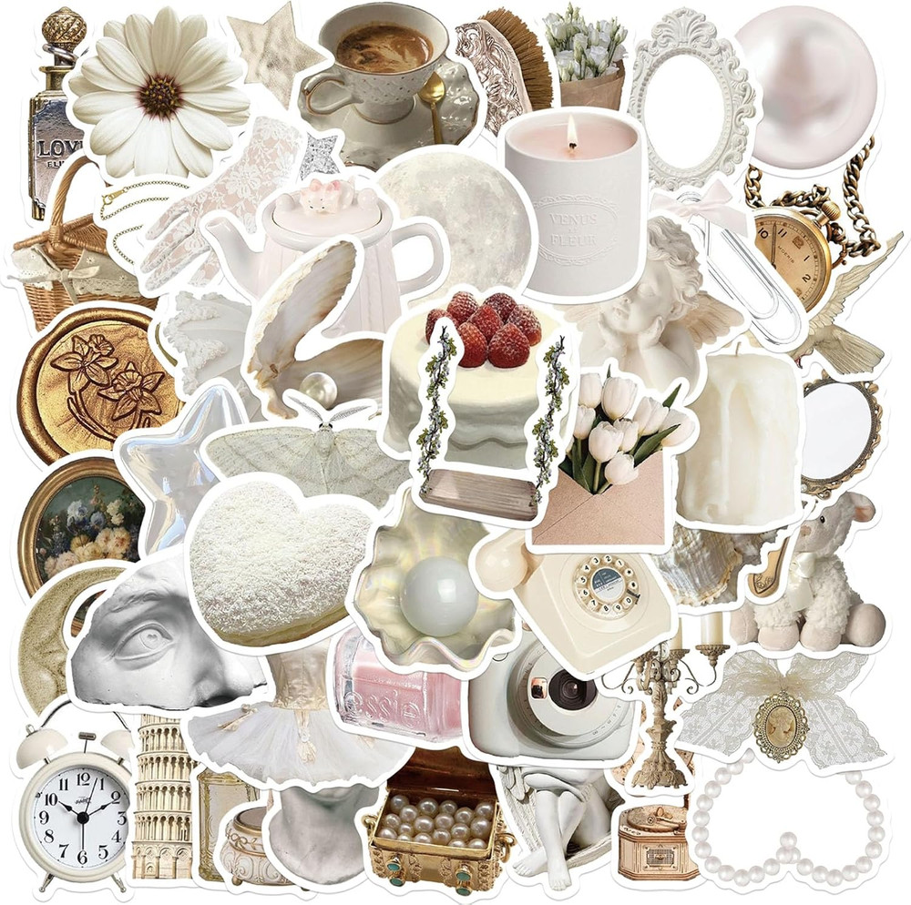 Cute White Aesthetic Waterproof Stickers Pack, 50 Pcs for Kids Teens Adults