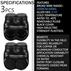 3 Pcs Black Insulated Multi Cable 250-6 Wire Range, 2.22″L x 2.3″W x 2″H