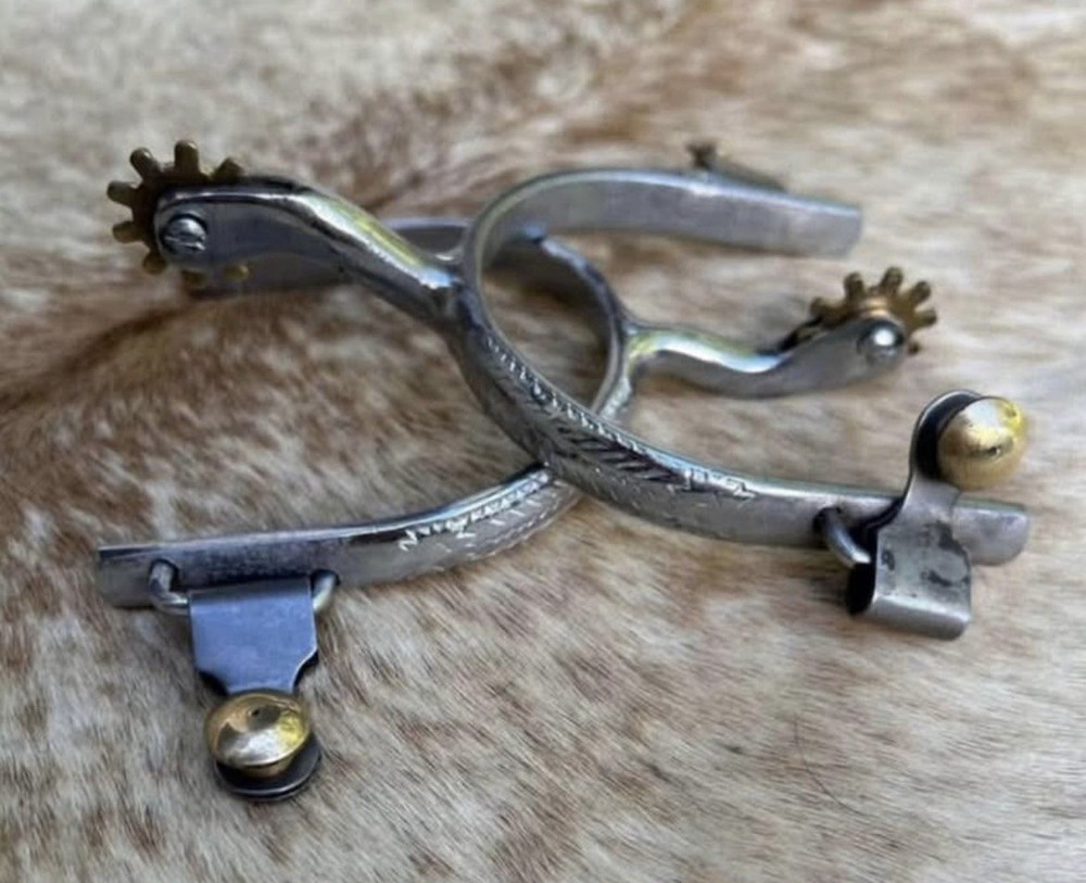 Pair Adult Western Spurs Embossed Design Brass Rowels