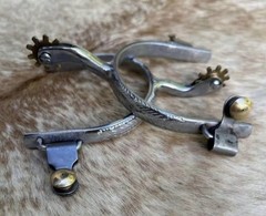 Pair Adult Western Spurs Embossed Design Brass Rowels