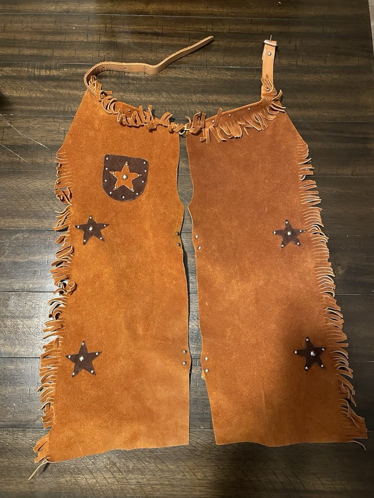 Vintage 70s/80s Kids Real Leather Western Cowboy Chaps With Fringe 21″