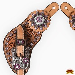 Hilason Western Leather Spur Straps Brown Floral Crystals Bling Pink