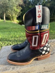 Tin Haul Western Cowboy Boots Black Leather Red Checkered Heel Racing Nascar