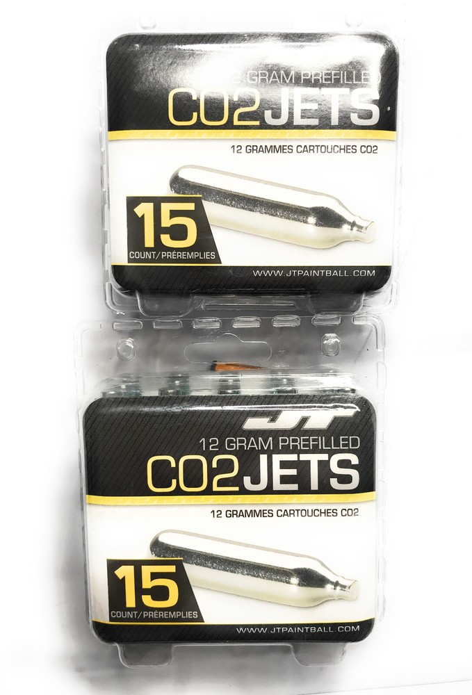 JT Paintball CO2 Jets Cartridges , 12 grams Prefilled, 15ct Per Pack, Lot of 2