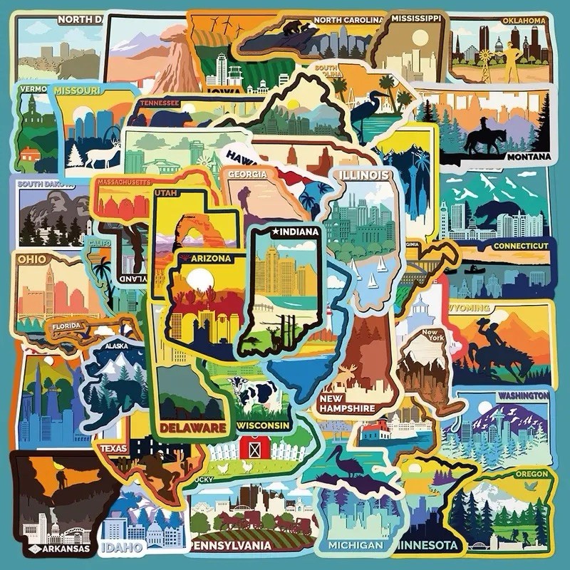 20Pcs Random American Cityscape Travel Aesthetic Waterproof USA States Stickers