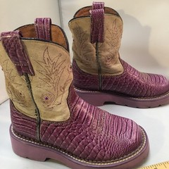 Ariat Fatbaby Western Boots Kids Size 12 Purple Croc Print Suede Embroidery