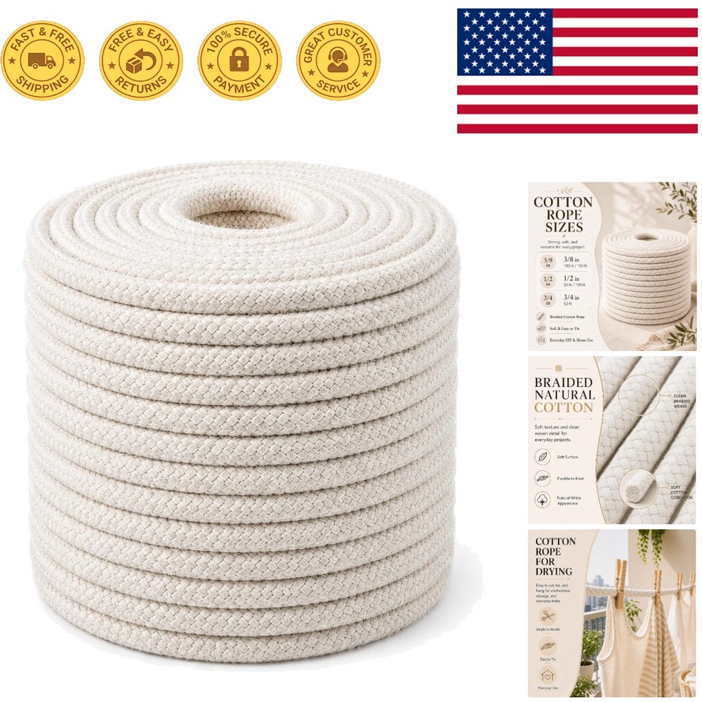 Natural Soft Utility Rope – Braided White Cotton, 100ft x 3/8 Inch for Home Use