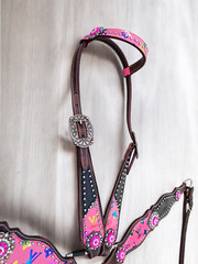 Western Horse Leather Tack Set | Pink Multicolor With Black Croco Tack Set