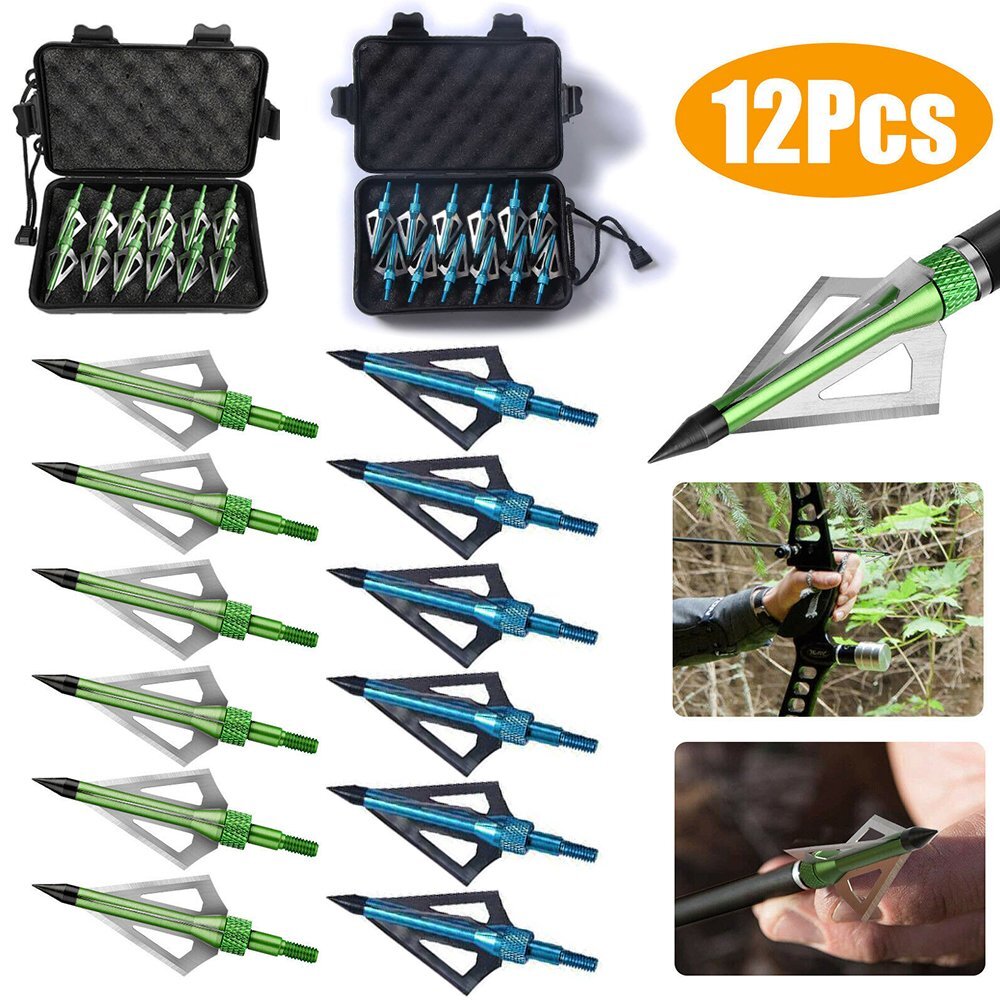 12pcs Hunting Broadheads 100 Grain 3 Blade Broad Arrow Heads Arrows Screw Tips