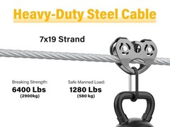 1/4″ Steel Cable, Sunuwk 30Ft 7×19 Strand Aircraft Cable with Loops, 6400 Lbs