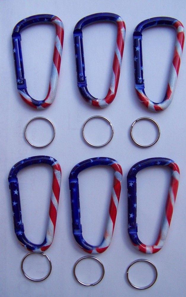 Lot of 6 Patriotic 3” Aluminum Carabiner D Ring Belt Clip with & 1” Key Ring