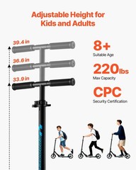 VEVOR Kick Scooter for Kids, Teens & Adults, 2-Wheel Adjustable Height Foldin…