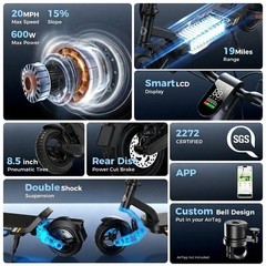 Adults Electric Scooter Folding Commuter E-Scooter with APP 600W 20MPH Max Speed