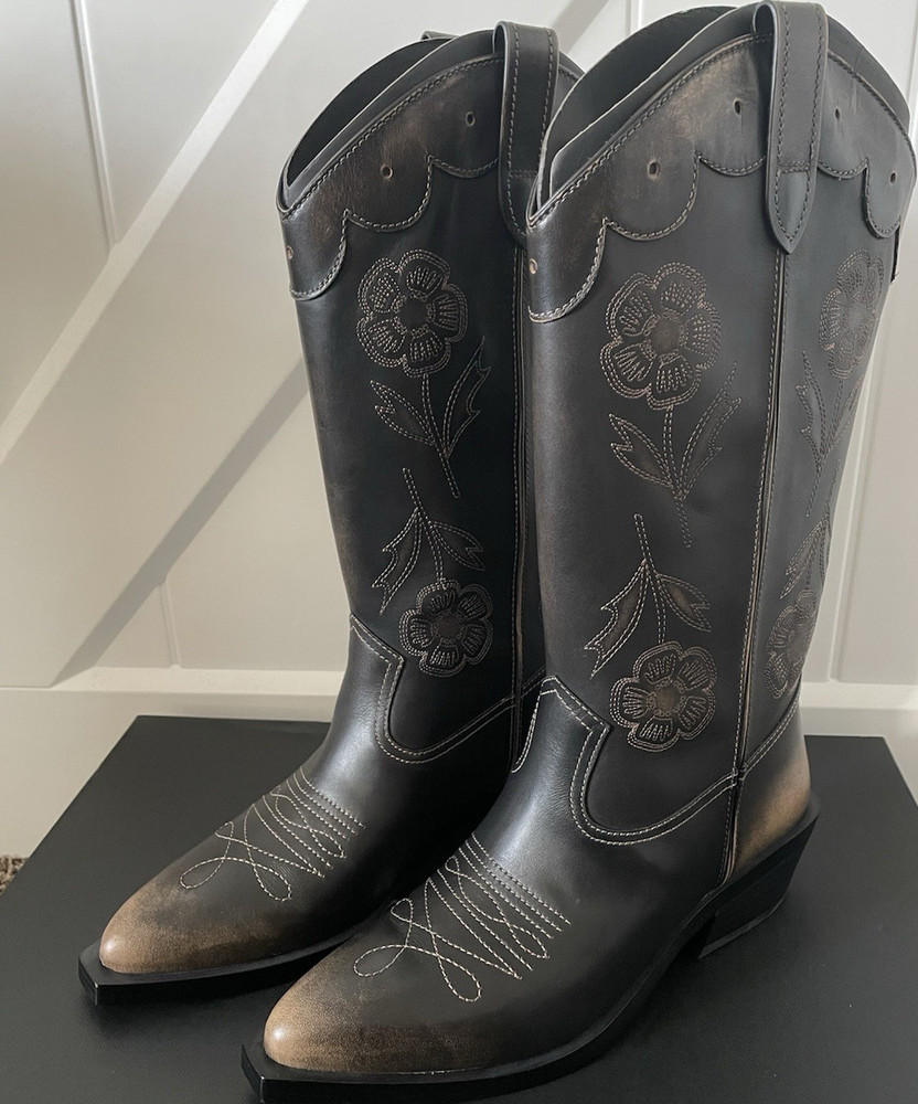 Coach Aria II Leather Western Cowboy Boots Black Floral Embroidery CCH76 US 9