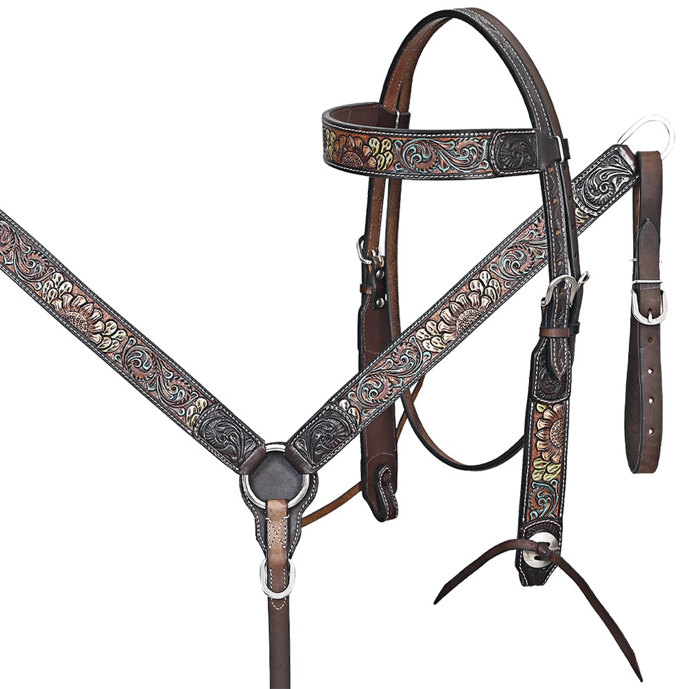 Western Headstall and Breast Collar Set HILASON Tooled Leather Horse Bridle Tack